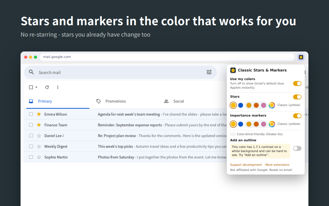 Gmail inbox with yellow stars, next to the Classic Stars & Markers popup for choosing star and importance marker colors